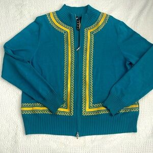 Vintage Women’s Silk Knit Embroidered Cardigan Full Zip Teal/Gold by WR9000